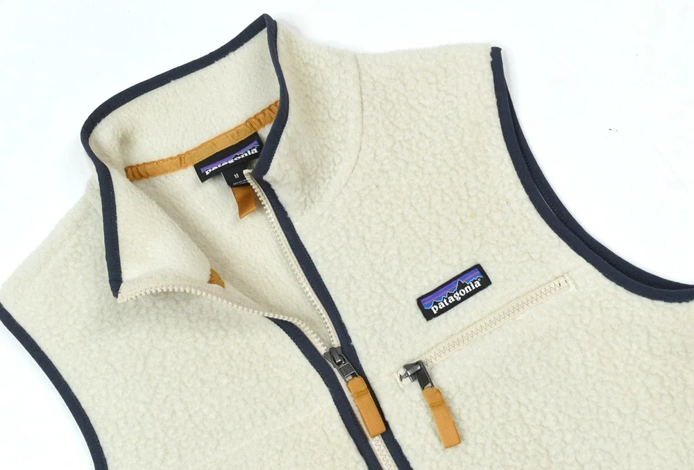 Patagonia Retro Pile Vest Mens Medium Cream Blue Full-Zip Sleeveless Fleece